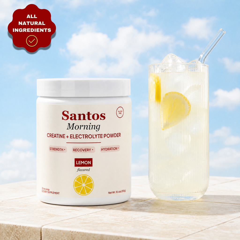 Santos Morning Creatine and Electrolyte Powder for muscle building, showing a 5g scoop of the supplement powder.