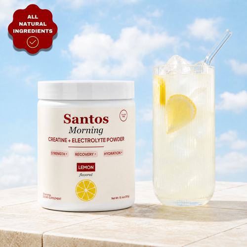 Santos Morning Creatine and Electrolyte Powder for muscle building, showing a 5g scoop of the supplement powder.