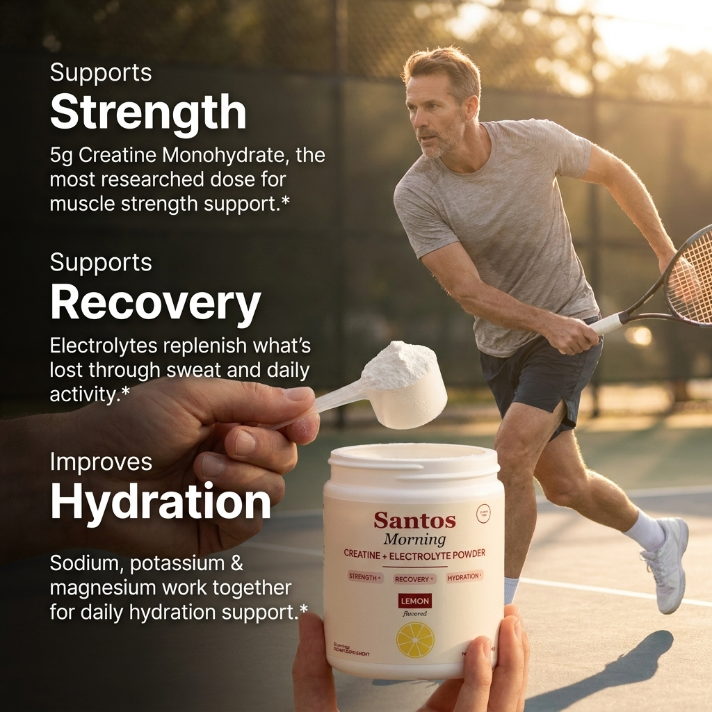 Santos Morning creatine and electrolyte powder for muscle building, in a branded container with a vibrant label.