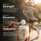 Santos Morning creatine and electrolyte powder for muscle building, in a branded container with a vibrant label.