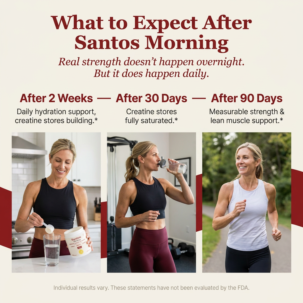Santos Morning creatine and electrolyte powder for muscle building, showing a scoop of powder and a glass filled with the drink.